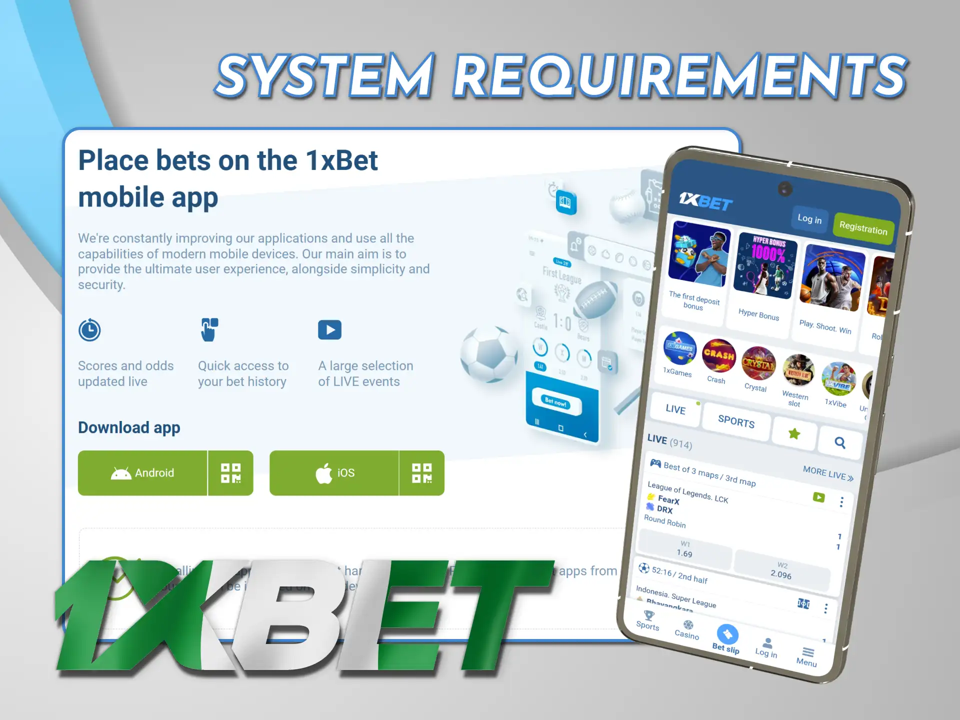 Ensure proper mobile system requirements for the 1xBet official app.