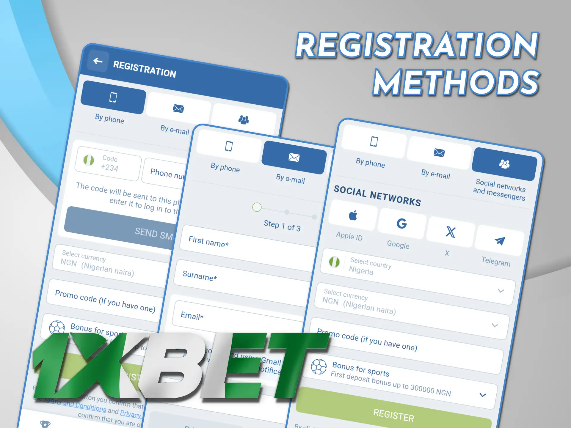 Choose your signup method on 1xBet Nigeria official casino website.